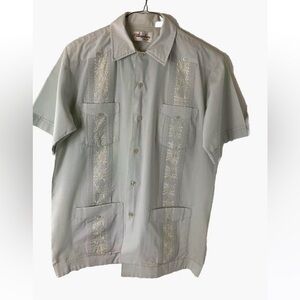Vintage Shirt Mens Sz M Light Blue Guayabera Cuban Button Camp Beach Embroidered